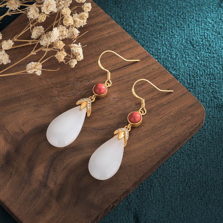 Boucles d'oreilles pendantes porte-bonheur en jade blanc Feng Shui Buddha Stones