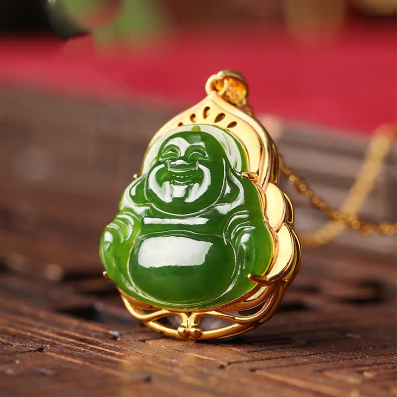 Collier pendentif en argent sterling 925 avec jade cyan naturel Hetian Bouddha rieur en or 18 carats - image 6
