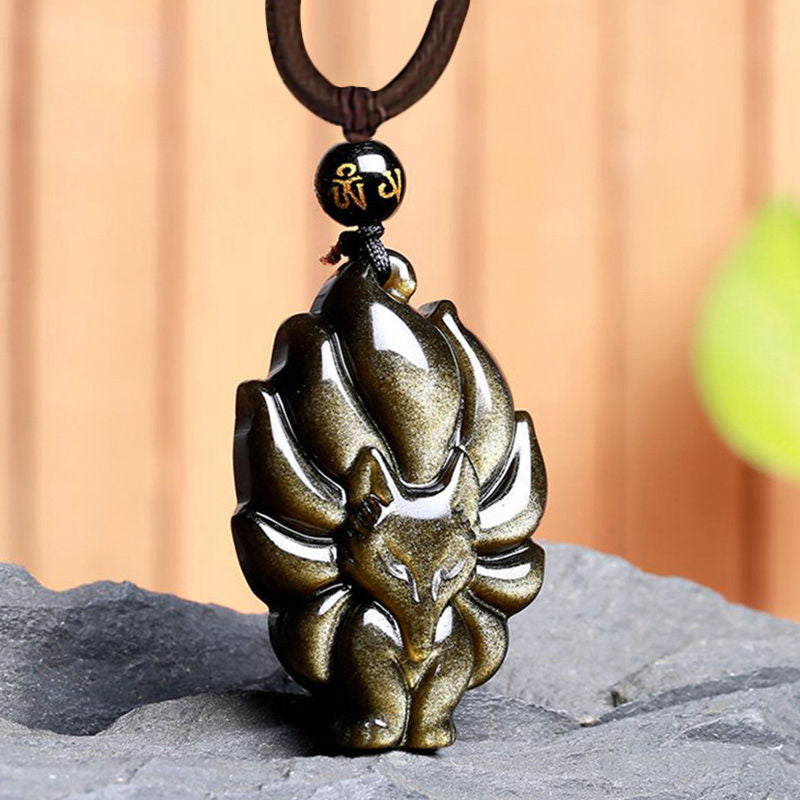 Collier pendentif positif en obsidienne arc-en-ciel naturelle Buddha Stones et obsidienne dorée brillante à neuf queues