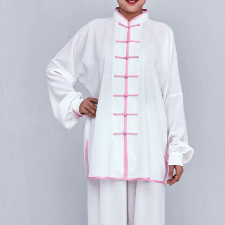 Ensemble de vêtements unisexe brodés Buddha Stones, méditation, prière zen, Tai Chi spirituel, Qigong - manches longues blanches à bordure rose - US12，UK/AU16，EU44 (2XL) - image 11