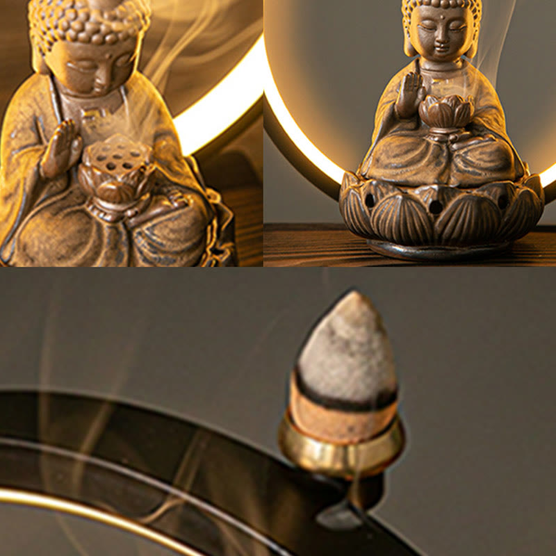 Buddha Stones Bouddha Lotus Fontaine à fumée à refoulement Brûleur d'encens de bénédiction en céramique avec décoration lumineuse