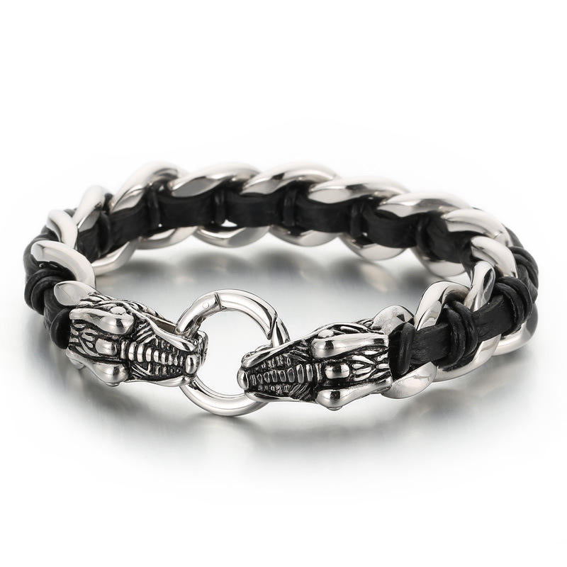 Bracelet tressé en cuir de dragon et acier titane pour protection et chance