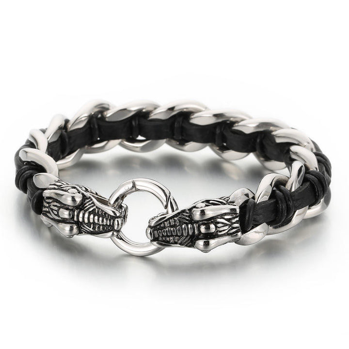 Bracelet tressé en cuir de dragon et acier titane pour protection et chance