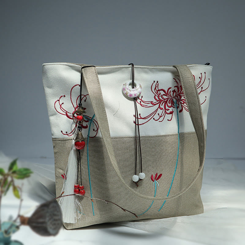 Sac à bandoulière en toile brodée de bambou avec fleur de poire, prunier, fleur de pêcher, grande capacité, sac fourre-tout