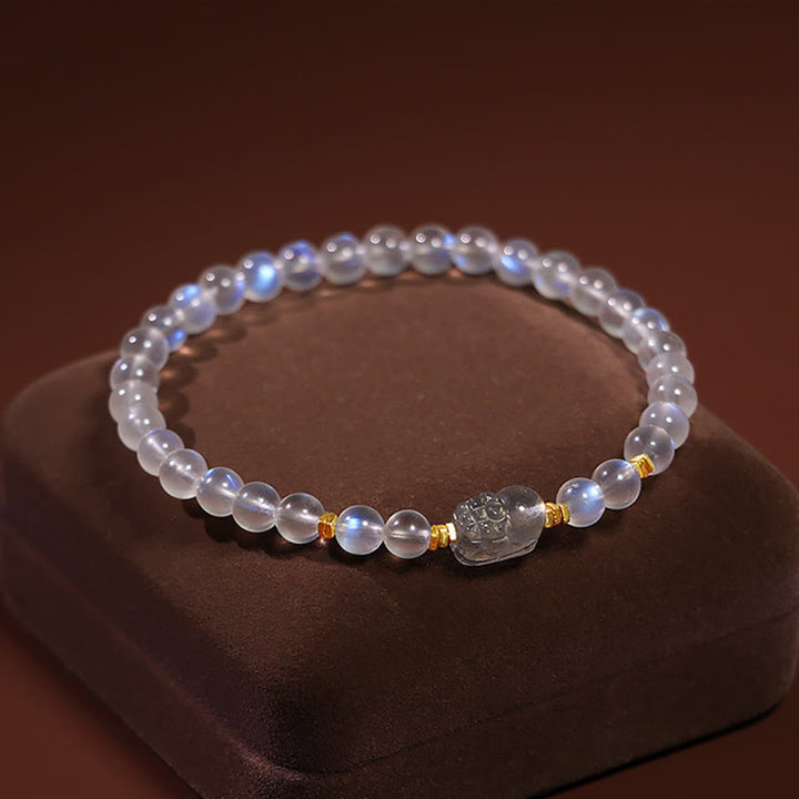Bracelet de guérison PiXiu en pierre de lune naturelle en argent sterling 925 plaqué or avec Buddha Stones