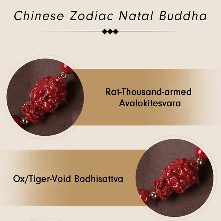 Bracelet en cordon avec amulette de bénédiction en cinabre et Buddha Stones du zodiaque chinois