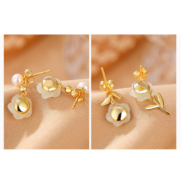 Buddha Stones d'oreilles porte-bonheur en argent sterling 925 plaqué or et jade rose avec perles de jade cyan