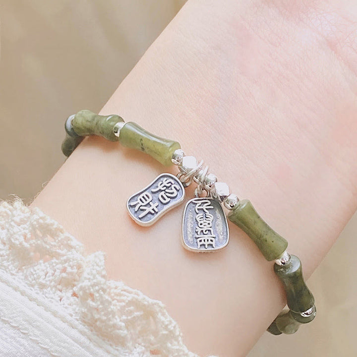 Bracelet en argent sterling 925 Buddha Stones et jade en bambou, chat porte-bonheur, personnage Fu, chance et abondance - image 10
