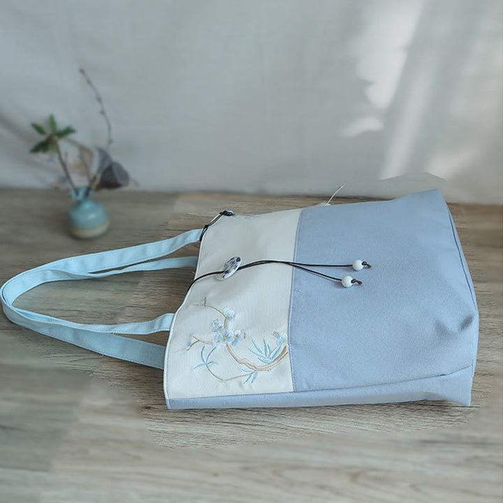Sac à bandoulière en toile brodée de bambou avec fleur de poire, prunier, fleur de pêcher, grande capacité, sac fourre-tout