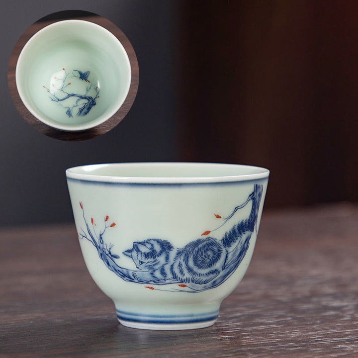 Buddha Stones Paysage bleu Montagnes Lotus Chat mignon Pavillons Magnolia Roseaux Aigrettes Tasse à thé en céramique Petite tasse à thé Kung Fu