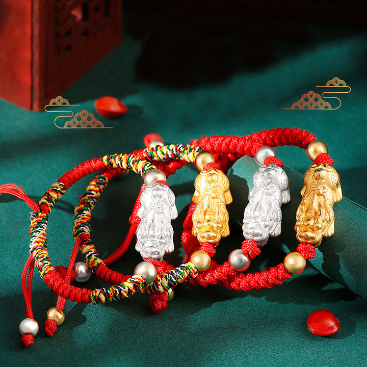 Bracelet tressé pour enfants en argent sterling 999 avec Buddha Stones et nœuds PiXiu Wealth King Kong