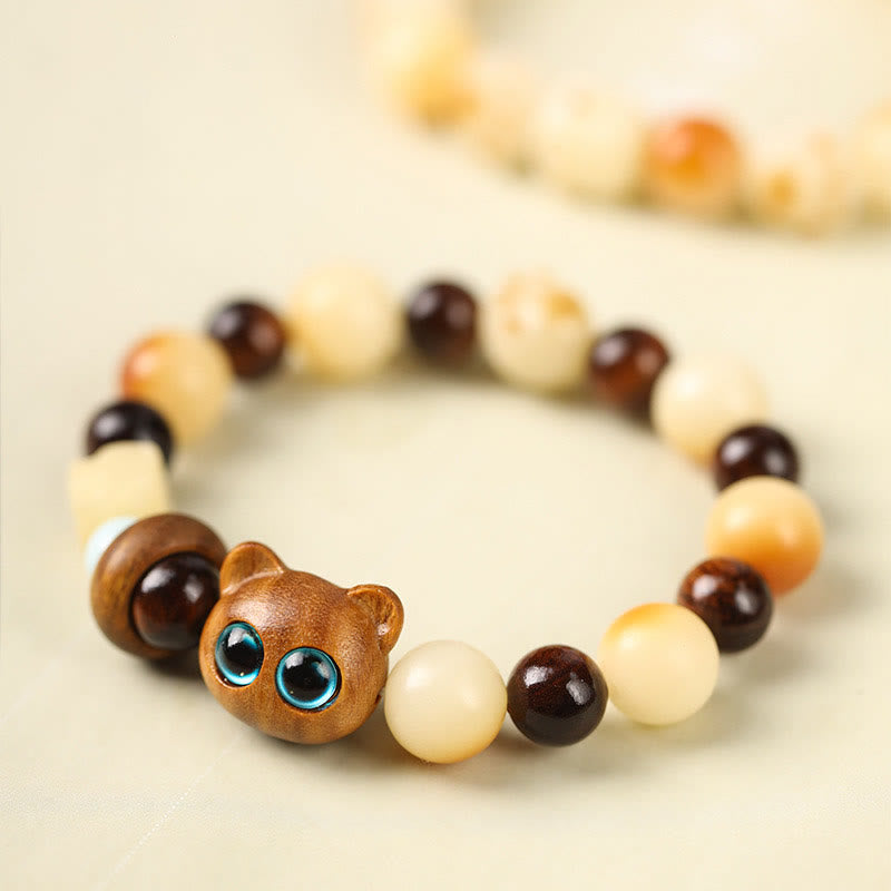 Bracelet porte-bonheur en bois de santal avec graines de Bodhi naturelles et Buddha Stones, tête de chat mignon et porte-bonheur, griffe de paix - Chat porte-bonheur en bois de santal vert (tour de poignet 14-17 cm) - image 1
