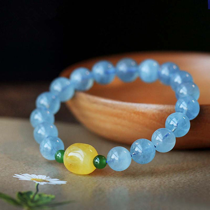 Bracelet de guérison et de sérénité en perles d'ambre et d'aigue-marine naturelles