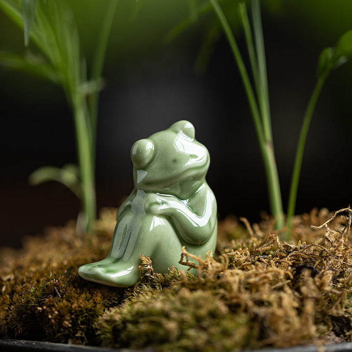 Buddha Stones Mini Petite Méditation Lotus Repos Grenouille Céramique Richesse Chance Maison Thé Animal Figurine Décoration