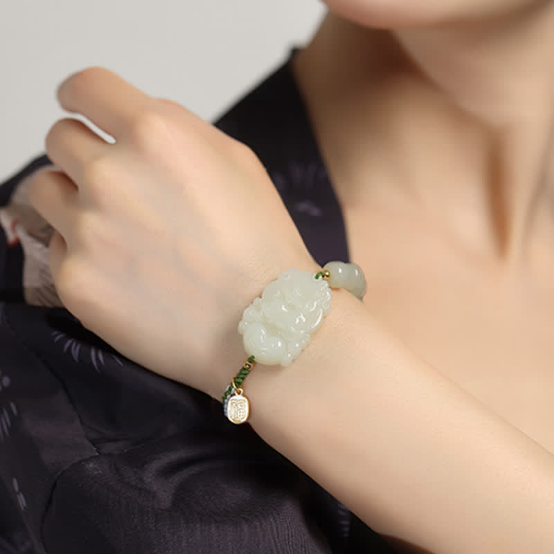 Bracelet porte-bonheur en argent sterling 925 avec jade Hetian et signe du zodiaque chinois