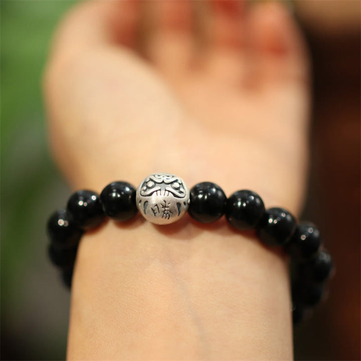 Bracelet de protection gravé en argent sterling 925 avec perles d'onyx noir et Buddha Stones