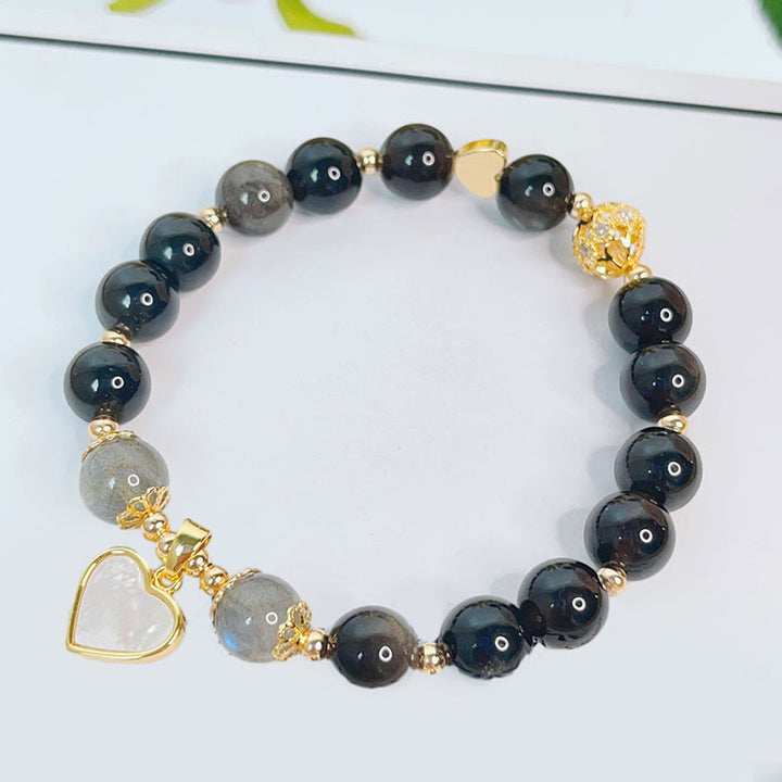 Bracelet de protection en obsidienne naturelle argentée avec Buddha Stones , cœur, étoile, fleur