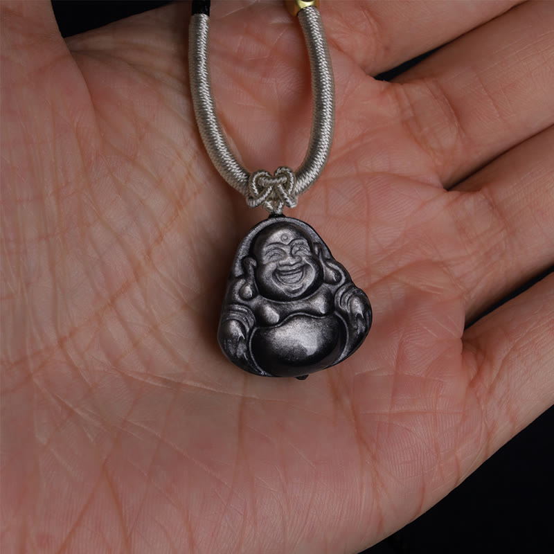 Collier pendentif de protection Buddha Stones rieur en obsidienne argentée naturelle - image 7