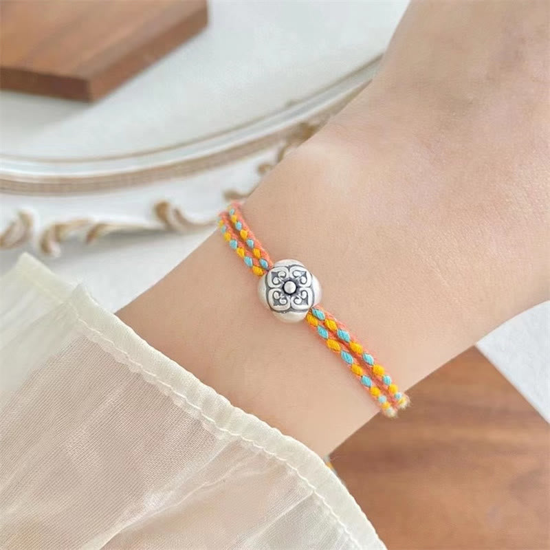 Bracelet tressé multicolore en argent sterling 999 avec pierre porte-bonheur Kaki de Buddha Stones