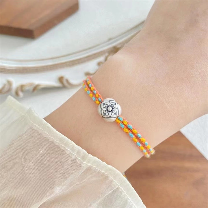 Bracelet tressé multicolore en argent sterling 999 avec pierre porte-bonheur Kaki de Buddha Stones