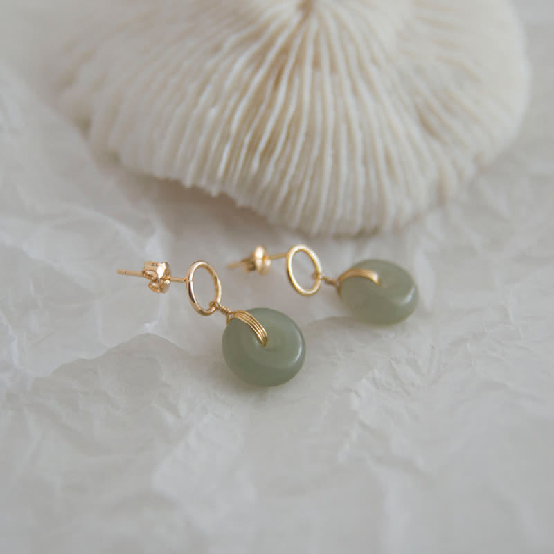 Boucles d'oreilles pendantes en jade avec Buddha Stones rondes et boucle de paix