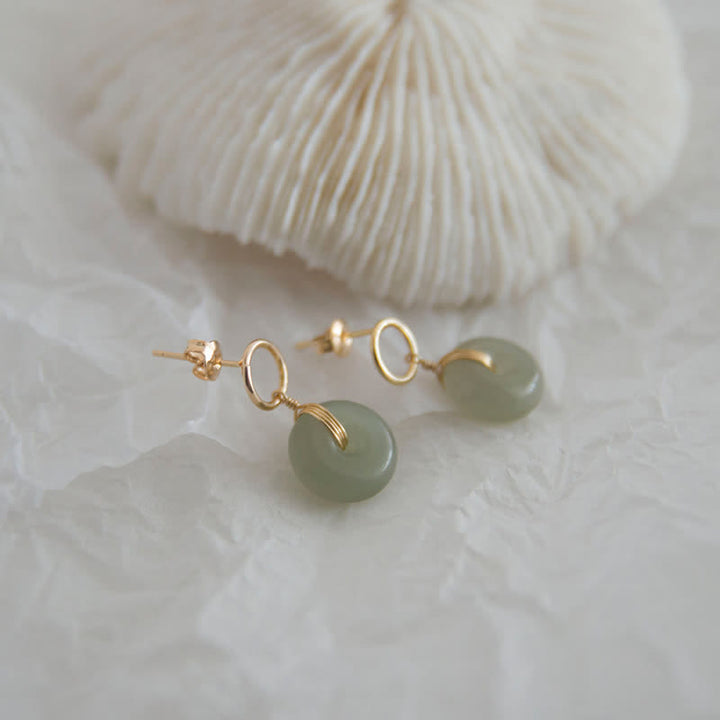 Boucles d'oreilles pendantes en jade avec Buddha Stones rondes et boucle de paix