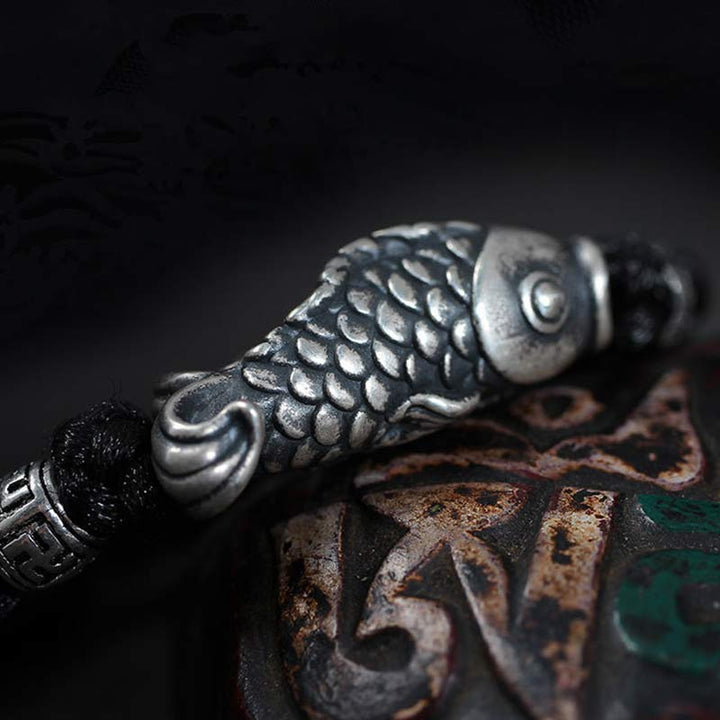 Bracelet tressé en argent avec motif poisson Koi et Buddha Stones