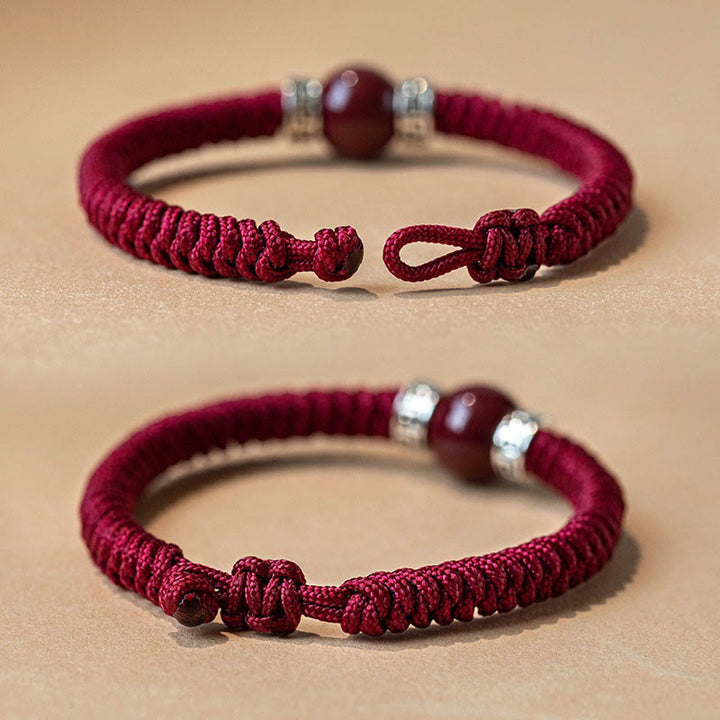 Bracelet en argent sterling 925 avec perles de cinabre naturelles et Buddha Stones, fait à la main, tressé et calme