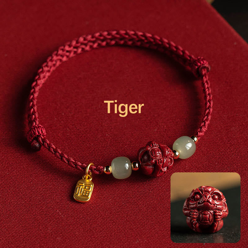 Bracelet en corde porte-bonheur en jade Hetian Buddha Stones et cinabre naturel, signe du zodiaque chinois