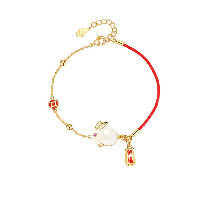 Bracelet en chaîne rouge en jade blanc et pierres de Buddha Stones Année du lapin