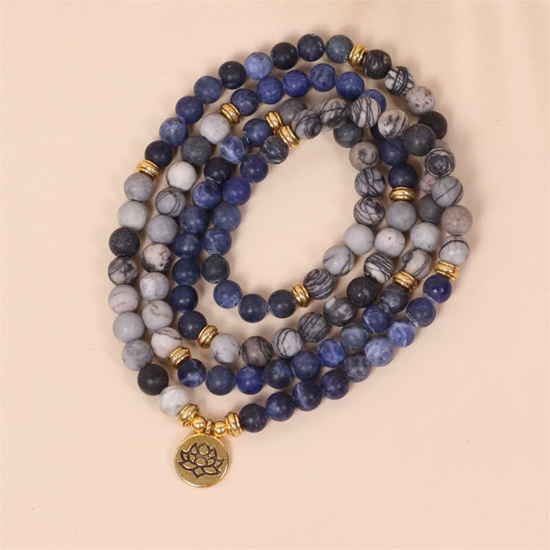 Bracelet Mala 108 Buddha Stones, sodalite, jaspe zèbre, cristal, lotus, force