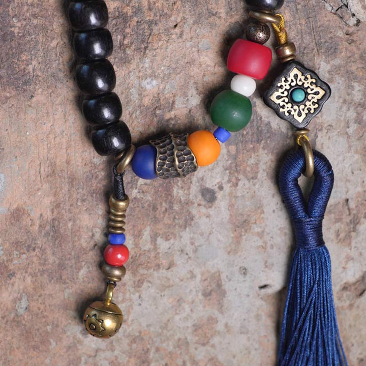 Buddha Stones Mala 108 perles en bois d'ébène et perles Dzi en cuivre avec pampilles et équilibre