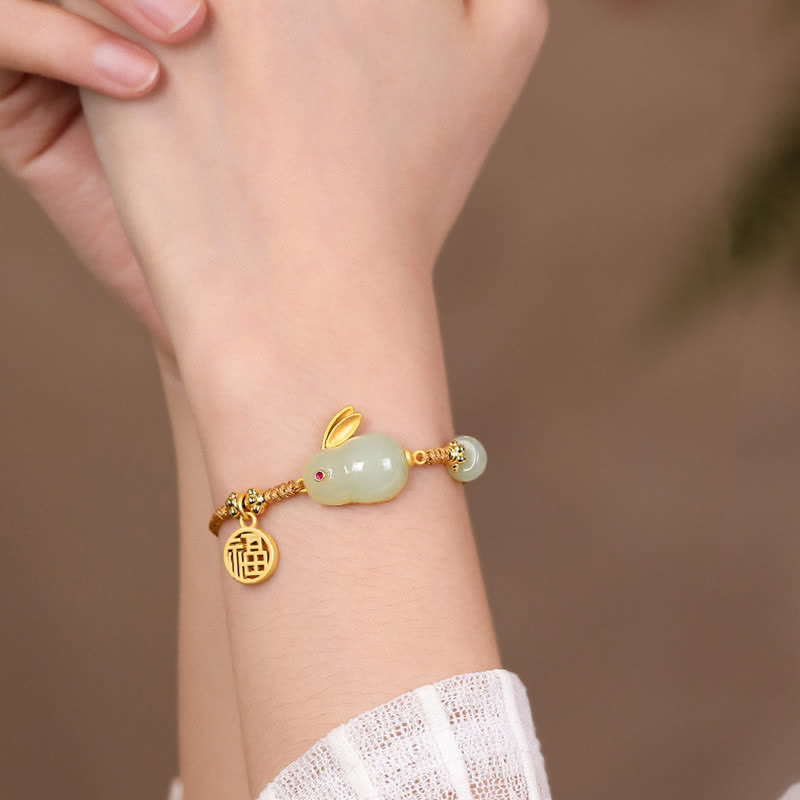 Bracelet en fil de jade Hetian Année du lapin Buddha Stones Bonheur Bénédiction Richesse