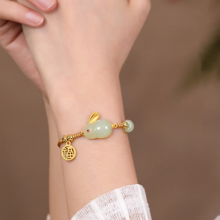 Bracelet en fil de jade Hetian Année du lapin Buddha Stones Bonheur Bénédiction Richesse