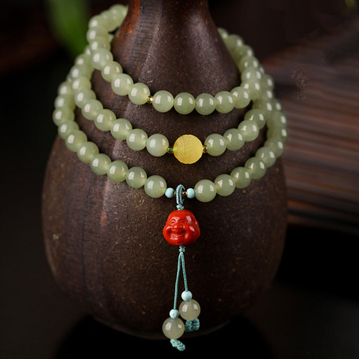 Bracelet de prospérité Bouddha rieur en jade agate rouge et ambre