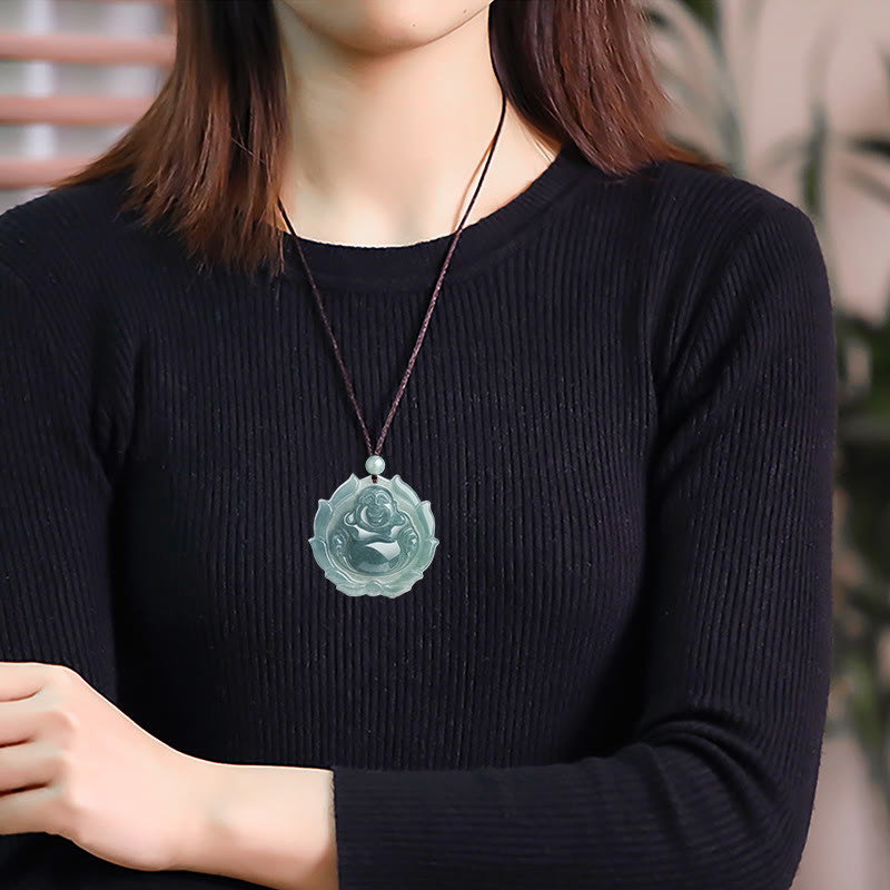 Buddha Stones pendentif porte-bonheur en jade naturel avec motif de lotus et de Bouddha rieur - image 7