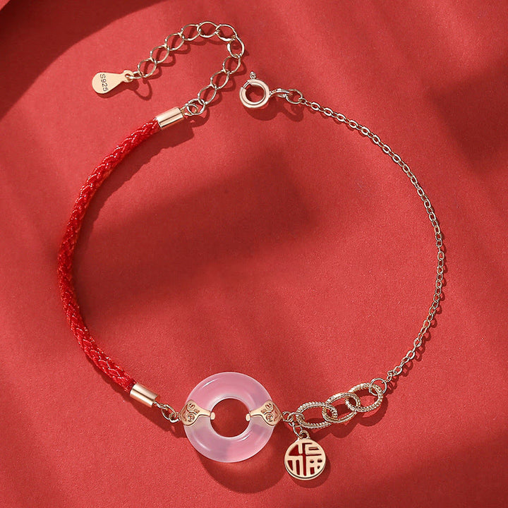 Bracelet d'harmonie en argent Buddha Stones 925 avec boucle de paix et calcédoine et caractère Fu