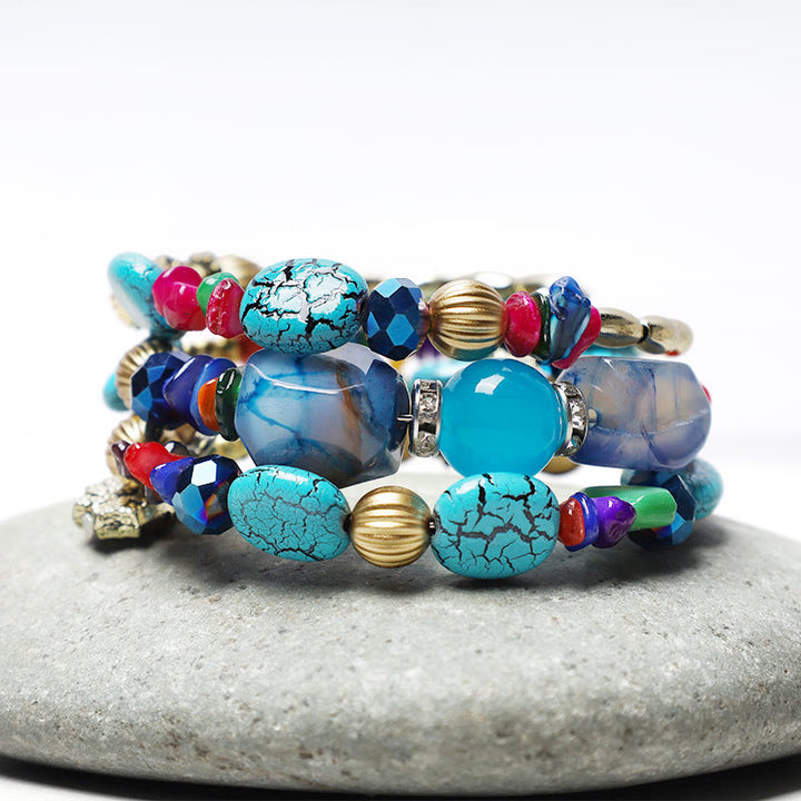 Bracelet de bénédiction multicouches en perles d'agate turquoise irrégulières avec Buddha Stones