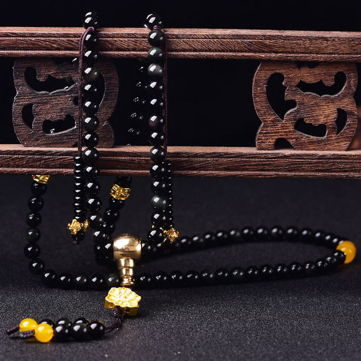 Bracelet Mala Lotus Accomplissement en Obsidienne Noire Naturelle 108 Perles Buddha Stones
