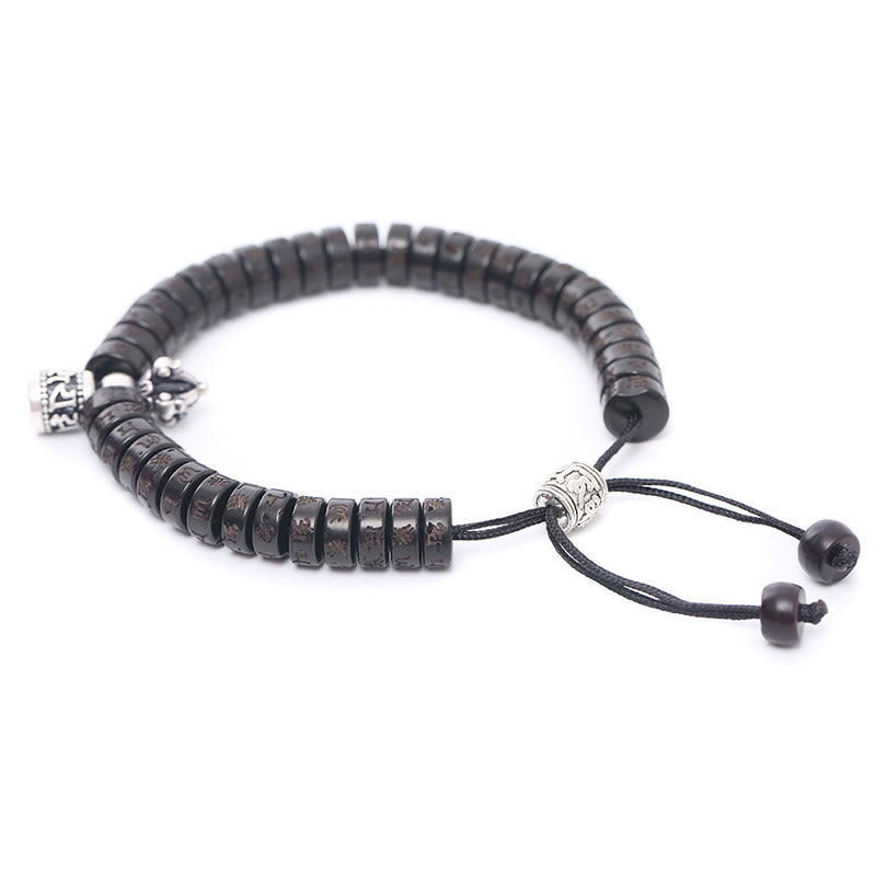 Bracelet en corde de bonheur sculpté en coquille de noix de coco du Tibet Buddha Stones Om Mani Padme Hum Dorje Vajra Bell