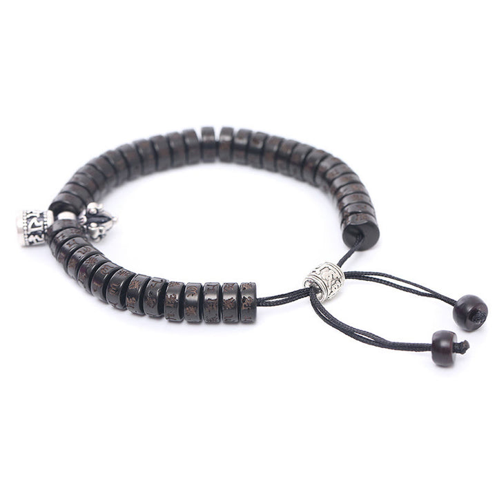 Bracelet en corde de bonheur sculpté en coquille de noix de coco du Tibet Buddha Stones Om Mani Padme Hum Dorje Vajra Bell