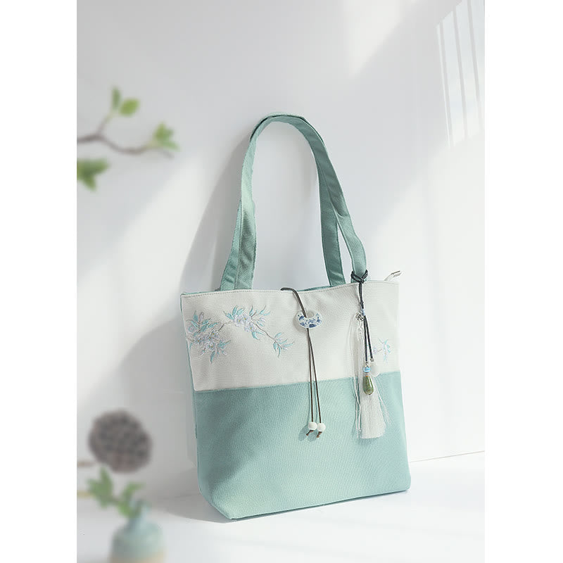 Sac à bandoulière en toile brodée de bambou avec fleur de poire, prunier, fleur de pêcher, grande capacité, sac fourre-tout