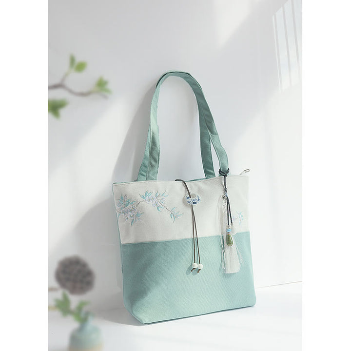 Sac à bandoulière en toile brodée de bambou avec fleur de poire, prunier, fleur de pêcher, grande capacité, sac fourre-tout