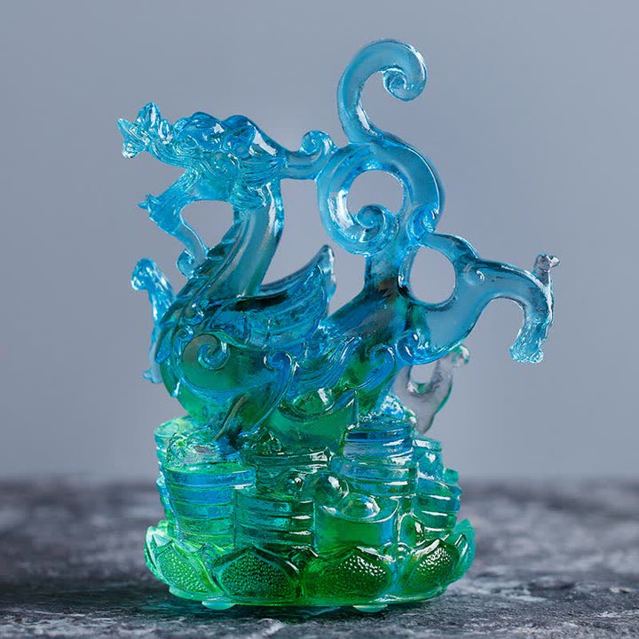 Buddha Stones Feng Shui Quatre symboles Dragon azur Pièce d'art en cristal Liuli faite à la main Décoration de bureau à domicile