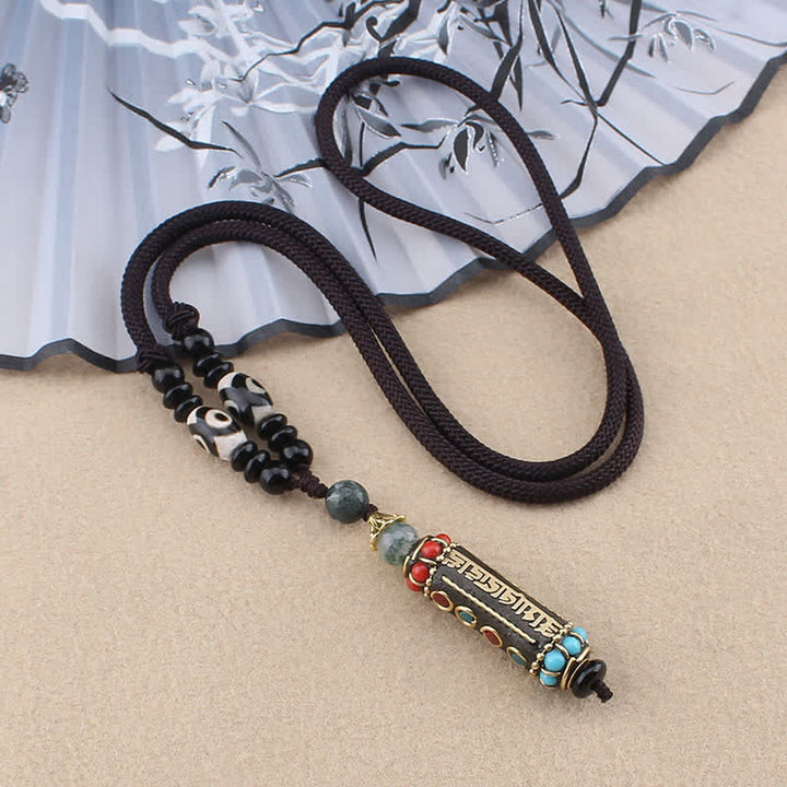 Buddha Stones tibétain Om Mani Padme Hum Dzi perle wengé bois collier pendentif