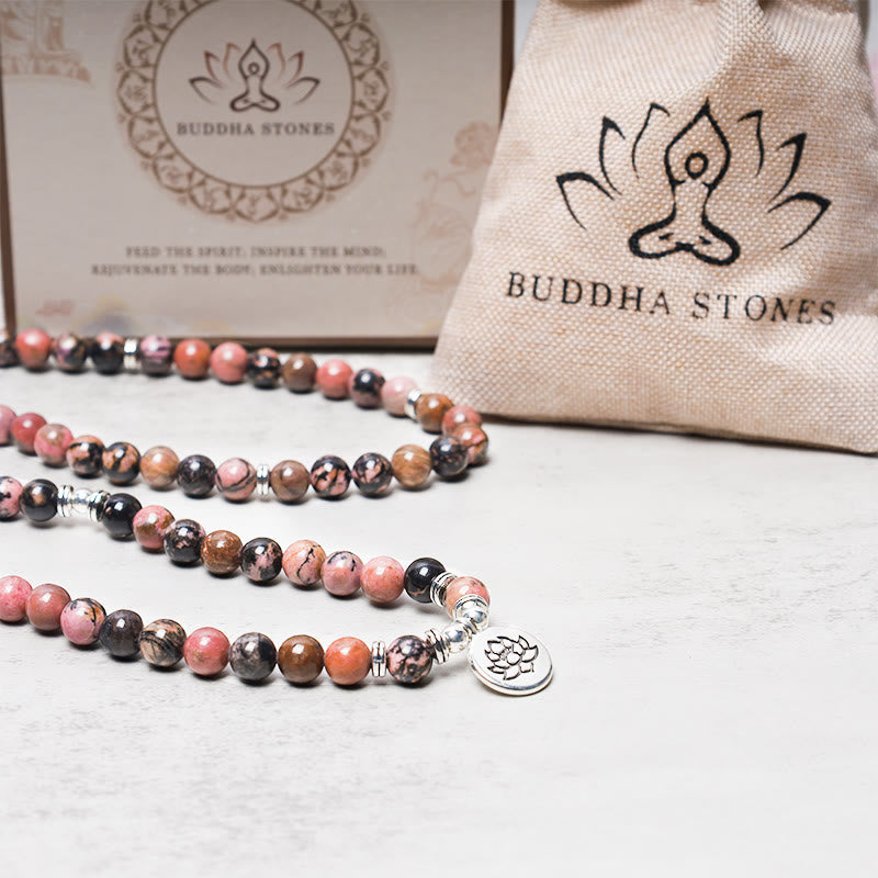 Bracelet Mala 108 Buddha Stones en rhodonite et lotus avec énergie de compassion