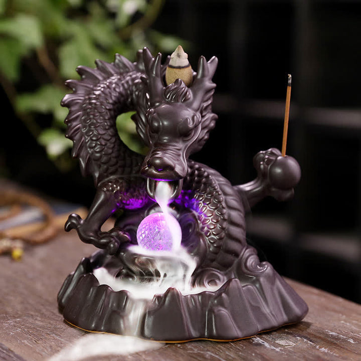 Fontaine à fumée à reflux en céramique avec Buddha Stones et dragon de bon augure, brûleur d'encens de guérison et de méditation, boule à LED décorative