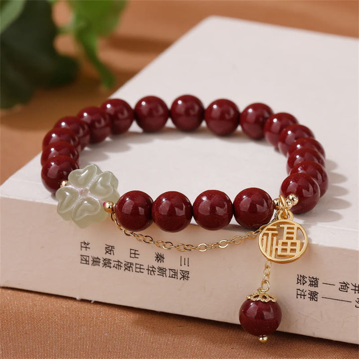 Bracelet de bénédiction porte-bonheur en jade Hetian avec trèfle à quatre feuilles et Buddha Stones - Cinabre (Calme ♥ Concentration) - image 0