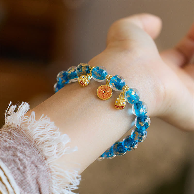 Bracelet porte-bonheur en perles de verre Liuli Buddha Stones et bête avaleuse d'or et pièce de cuivre