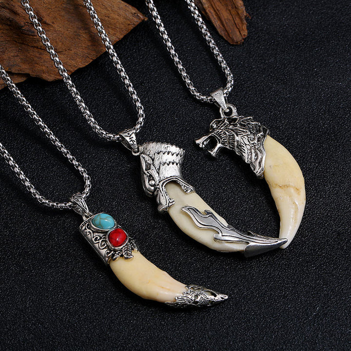 Buddha Stones Collier pendentif en acier titane Imitation dent de loup